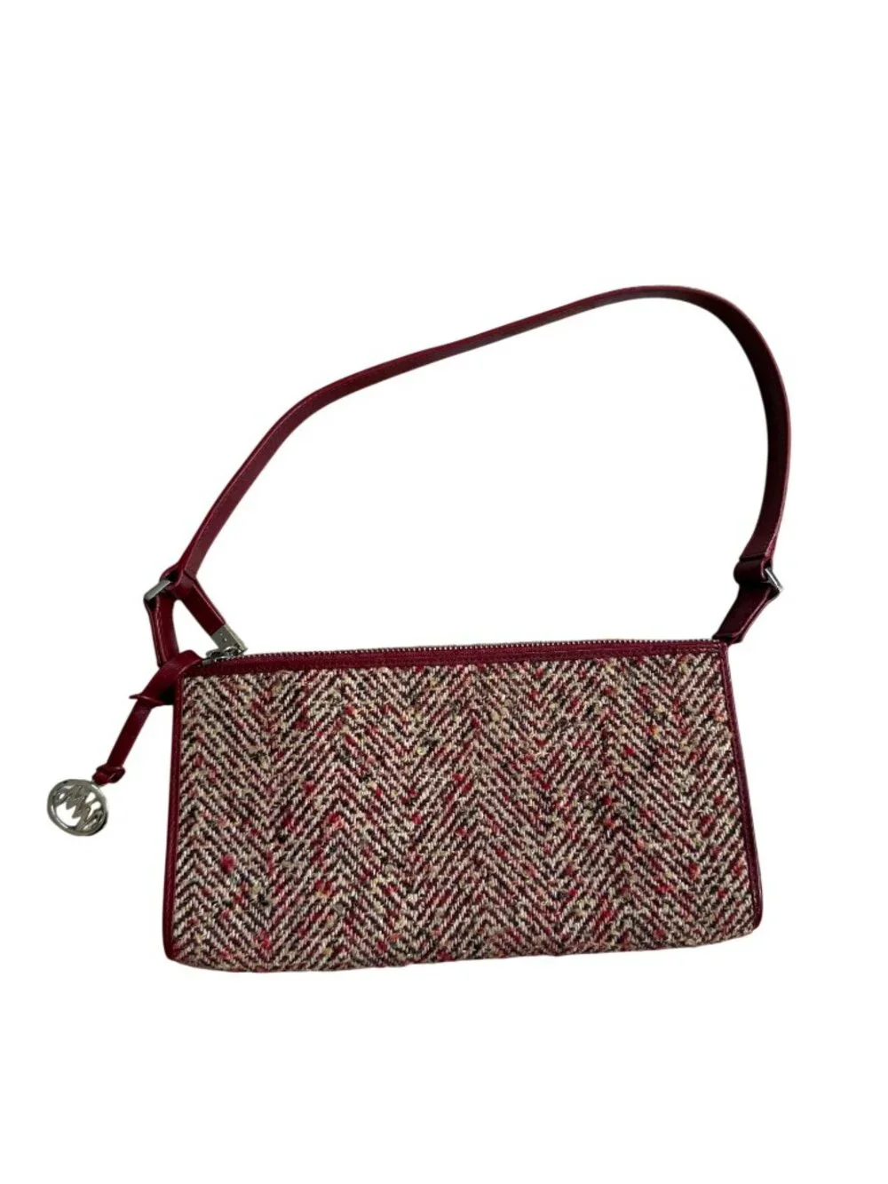 MONSAC Red Boucle Fabric Leather Shoulder Bag